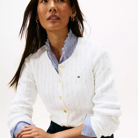 NWOT! TOMMY HILFIGER WHITE CABLE KNIT CARDIGAN - Picture 2 of 8